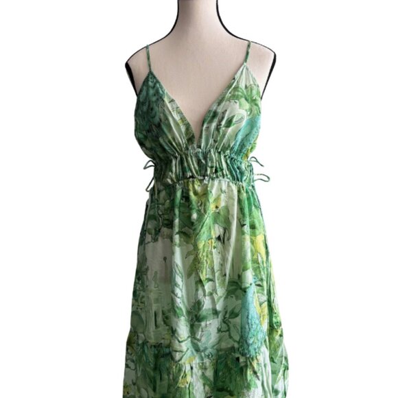 H&M BEAUTIFUL PEACOCK AND PLANTS DESIGN, GREEN LONG DRESS, SZ. M - Picture 2 of 12